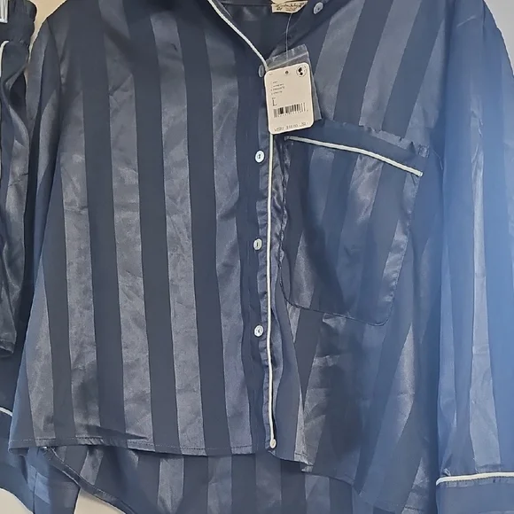 Free People Blue Silk Striped Pajama Top & Short - Picture 1 of 7